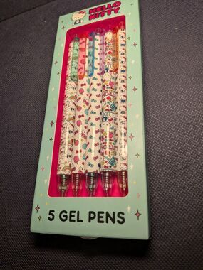 2024 Sanrio Hello Kitty 5 Gel Pens Blue Box Retro Rainbow Bows Set Colored Ink